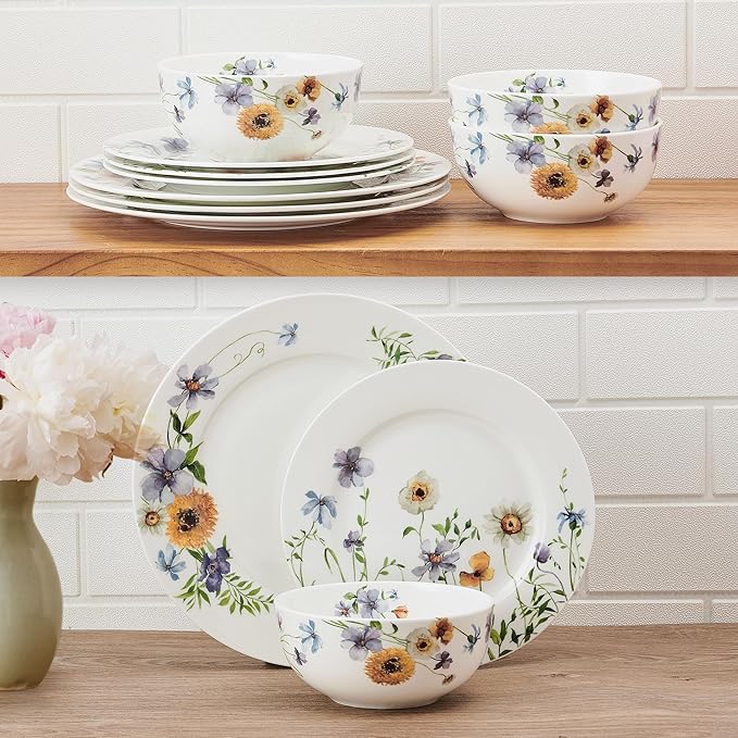 Mikasa Audrina Water Color Flowers Bone China Lightweight Chip Resistant 12 Piece Dinnerware Set Service for 4 White