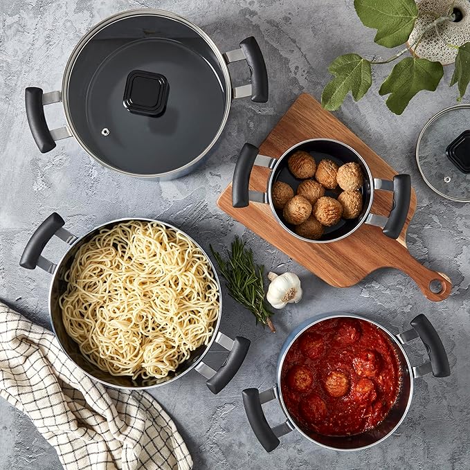 Denmark Tools for Cooks 7 Piece Ceramic Nonstick Aluminum Nesting Cookware Set Pots Pans Blue