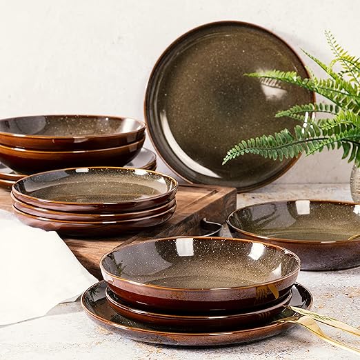 Gibson Elite Edwina 16-Piece Double Bowl Dinnerware Set Service for 4 – Dark Green Stoneware Plates and Bowls