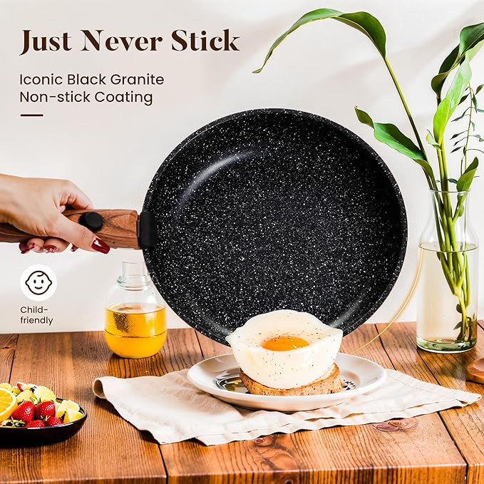 Kitchen Academy Removable Handle Induction Pots and Pans Set - 10 Piece Non-stick Cookware Sets Black Granite Stackable RV Cookware for Camp