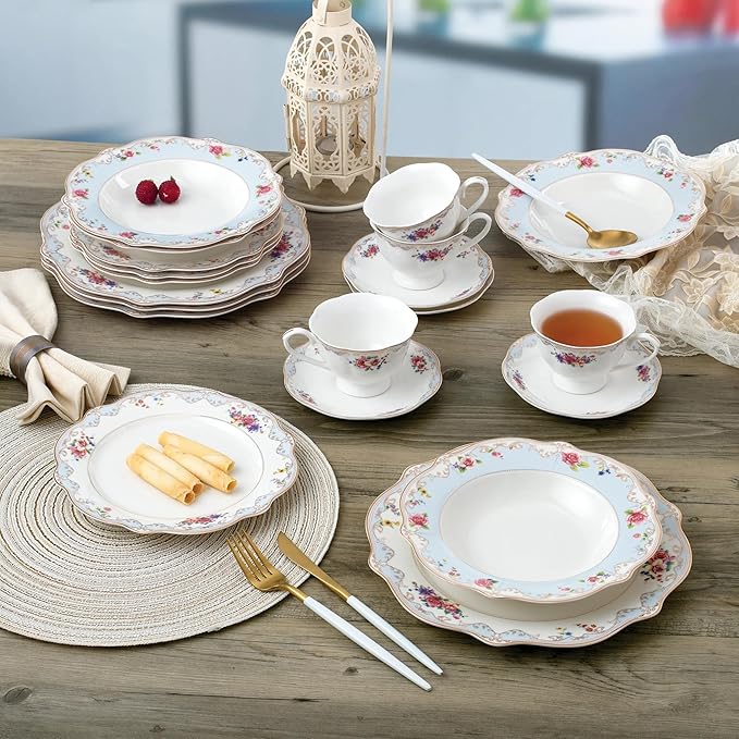 6417 24K Gold-Plated Dinnerware Set Dinner Service for Four 20-Piece Set: 4 Dinner Plates 4 Soup Plates 4 Dessert Plates 4 Tea Cups with 4 Saucers