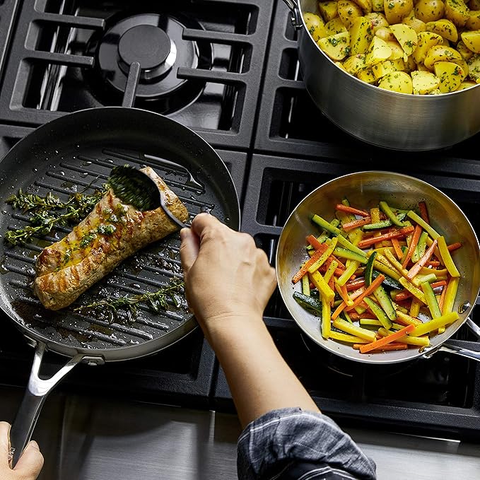 KitchenAid 3-Ply Base Brushed Stainless Steel Induction Pots and Pans Set with Nonstick Round Grill Pan and Lids Dishwasher Safe 10 Piece Cookware Set Brushed Stainless Steel