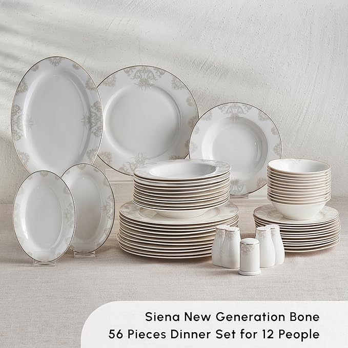 Karaca Siena Dinner Sets for 12 People 56-Piece Luxury Dinner Sets with Gold Trim Dinner Plates Pasta BowlsSalad/Cereal/Soup BowlsSide PlatesServing PlattersWhite Porcelain Dinnerware Sets
