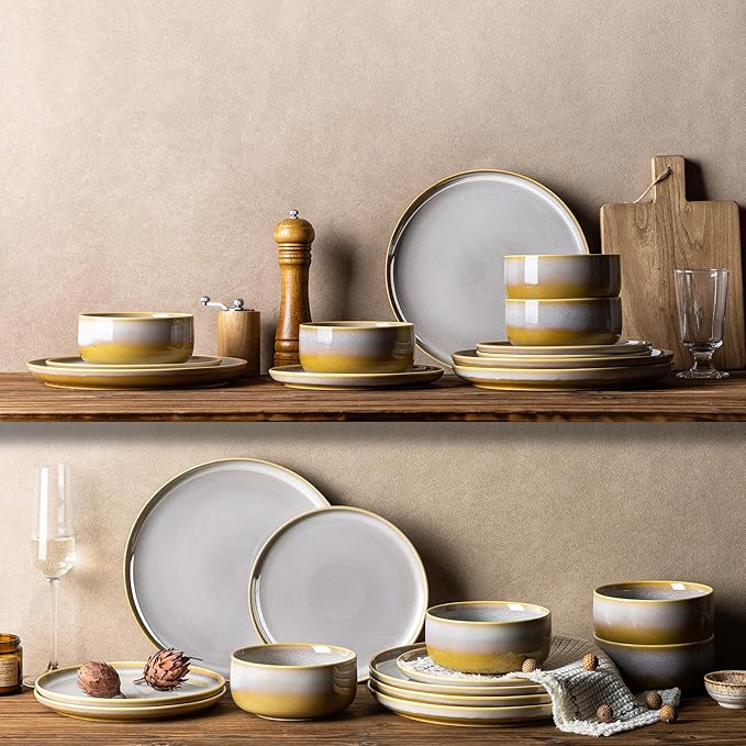 TheTerra Ceramic Dinnerware Sets for 6 18 Pieces Handmade Reactive Glaze Plates and Bowls Set Scratch Resistant Dish Set Oven &amp Microwave &amp Dishwasher Safe Autumn Haze