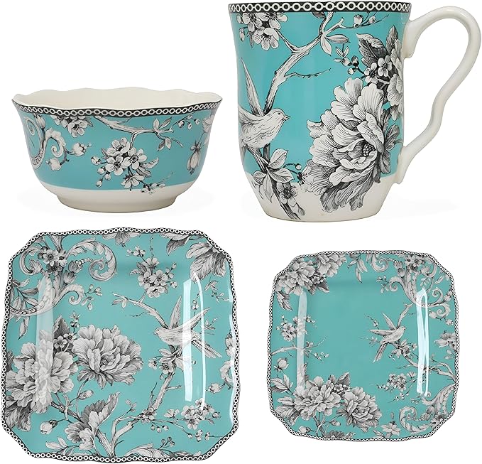 222 Fifth Adelaide 16-Piece Square Floral Dinnerware Set – Service for 4 Turquoise Porcelain Plate Bowl &amp Mug Set Chip Resistant for Everyday Dining &amp Entertainment Microwave &amp Dishwa