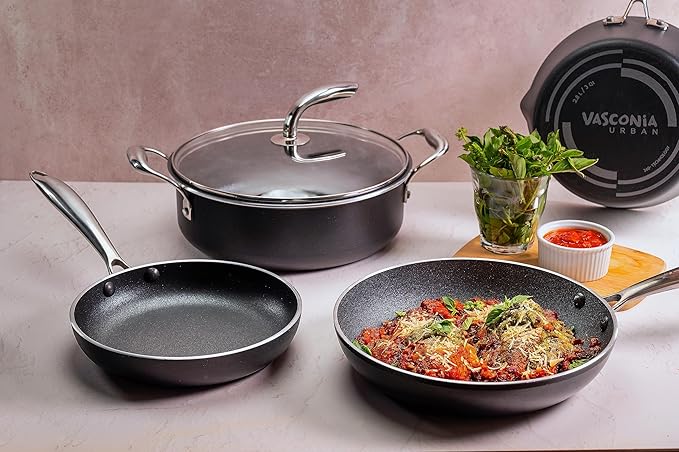 Vasconia 11-Piece Aluminum Cookware Set - Nonstick Pots and Pans with Lids - Dishwasher Oven Safe up to 475°F - Skillets Griddle Casserole Dutch Oven - Black