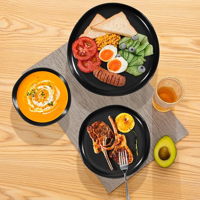 Herogo Stoneware Dinnerware Sets for 6 18 Piece Ceramic Dinner Dishes Set Irregular Handmade Plates and Bowls Dishware Crack and Scratch Resistant Reactive GlazeMatte Black