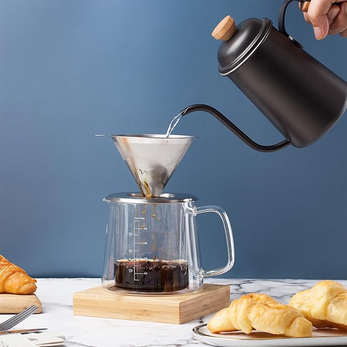 Brew To A Tea BTaT- Pour Over Coffee Maker Set Double Wall Glass 16 oz Drip Coffee Maker Pour Over Permanent Filter