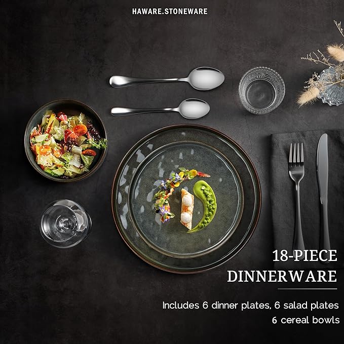 HaWare Dinnerware Sets 18-Piece Plates and Bowls Set Stoneware Dish Set for 6 Ceramic Dinnerware for Home Restaurant Chip and Scratch Resistant Microwave and Dishwasher Safe Reactive Moss Green