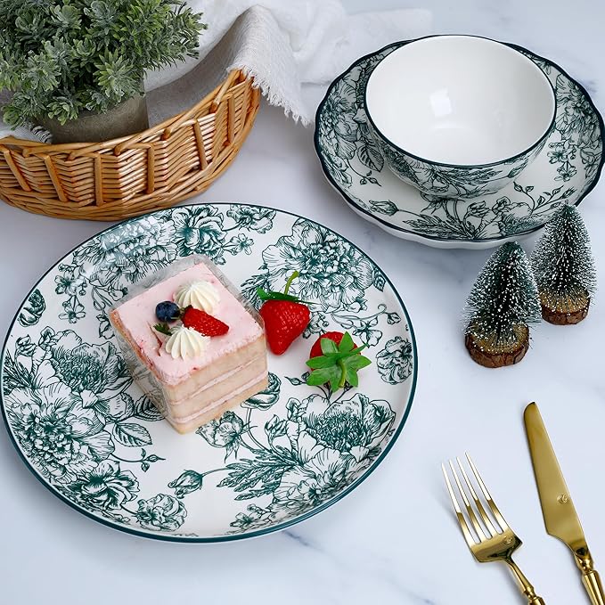 12-Piece Floral Porcelain Dinnerware Set Service for 4 Green Pattern Plates and Bowls Microwave and Dishwasher Safe