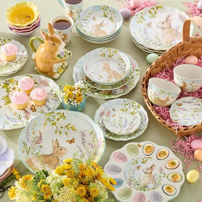 Easter Meadow 16-Piece Ceramic Dinnerware SetService for 4 – Bunny &amp Floral Design Perfect for Easter Spring Holiday Dining – Durable Microwave &amp Dishwasher Safe