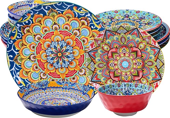 16 Pieces Dinnerware Sets Service for 4 Plates and Bowls Set Ceramic Dishes Set for 4 Microwave and Dishwasher Safe Scratch Resistant Bohemian Style