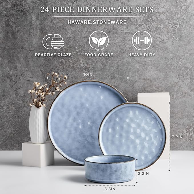HaWare Dinnerware Sets 24-Piece Plates and Bowls Set Stoneware Dish Set for 8 Ceramic Dinnerware for Home Restaurant Chip and Scratch Resistant Microwave and Dishwasher Safe Reactive Blue