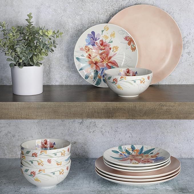 Spice by Tia Mowry Goji Blossom Decorated Porcelain Chip and Scratch Resistant Dinnerware Set Pink 12-Piece