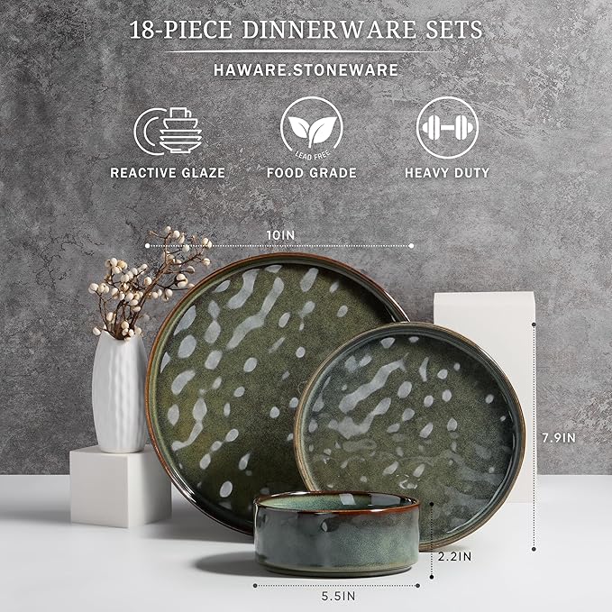 HaWare Dinnerware Sets 18-Piece Plates and Bowls Set Stoneware Dish Set for 6 Ceramic Dinnerware for Home Restaurant Chip and Scratch Resistant Microwave and Dishwasher Safe Reactive Moss Green