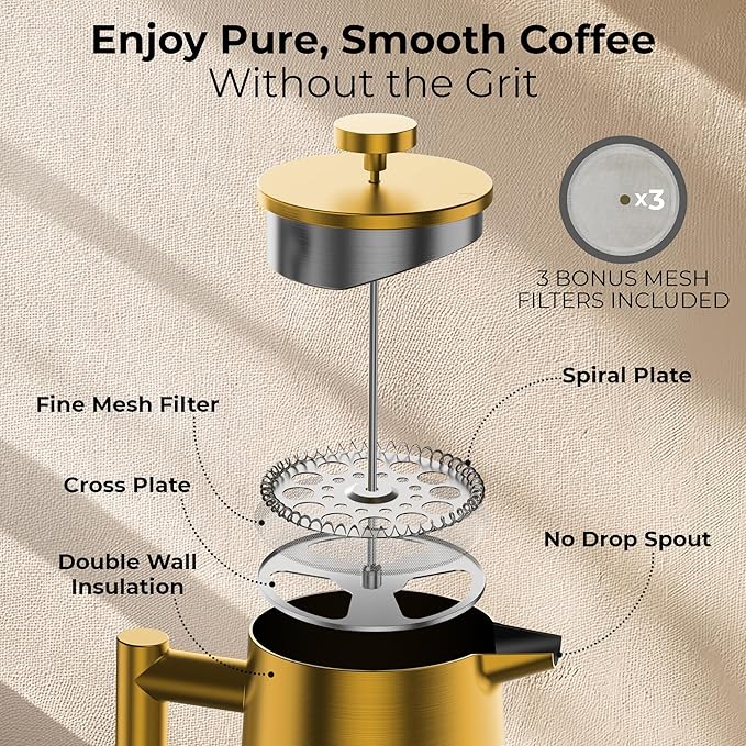 French Press Coffee Maker Stainless Steel French Press 34 Oz / 1L Large Insulated Double Wall Coffee Maker with 3 Extra Mesh Filters Satin Finish Gold
