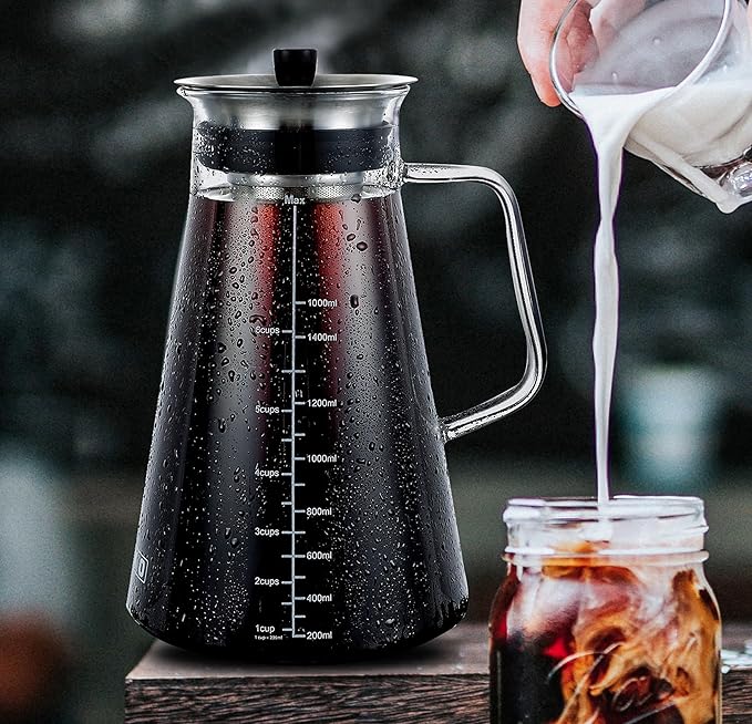 Aquach Airtight Cold Brew Coffee (Iced Tea) Maker 51oz/1.5L BPA-Free Durable Borosilicate Glass Pitcher and Stainless Steel Fine-Mesh Filter Dishwasher Safe Spill-proof 6 Cups Capacity