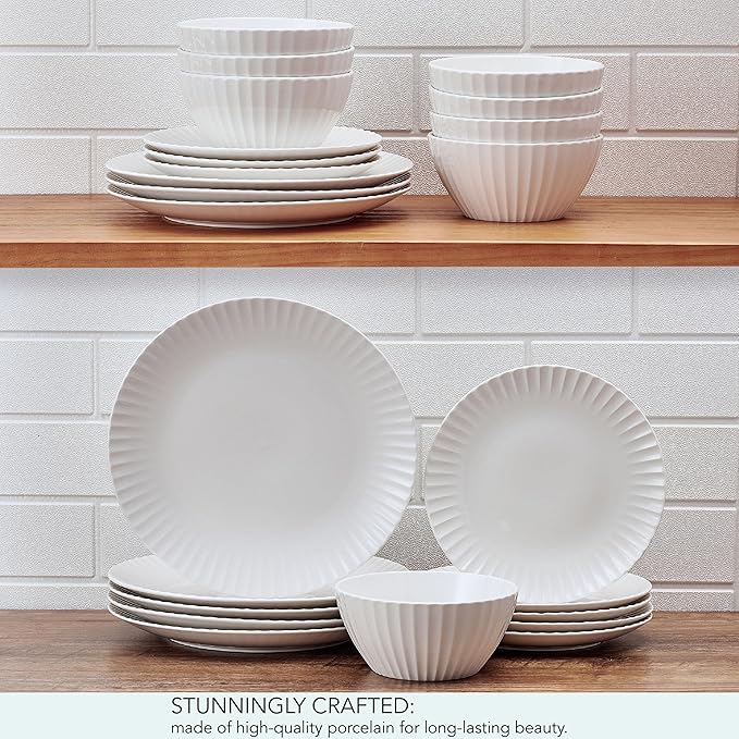 Pfaltzgraff Fluted Grace 24 Piece Porcelain Plate and Bowl Dinnerware Set Service for 8 Fluted Design Durable for Everyday Use White