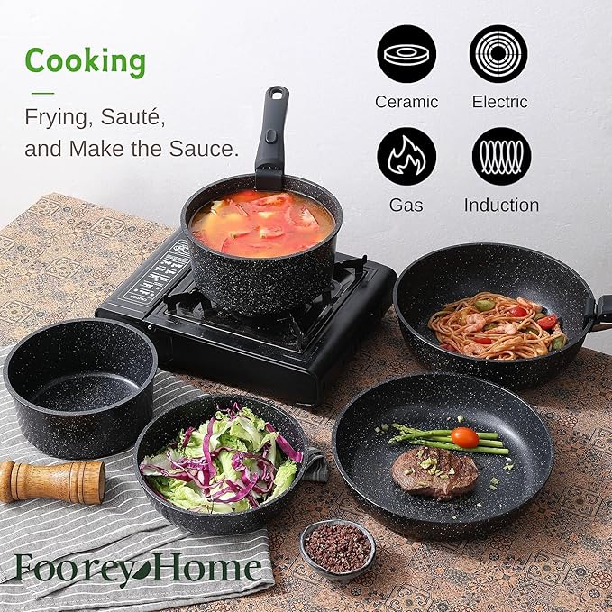 Black Pots and Pans Set Non Stick Removable Handle Ceramic Cookware Set Nonstick 9Pcs Dishwasher Oven Safe RV Kitchen Cooking Set Stackable Induction Cookware (Black 9Pcs)