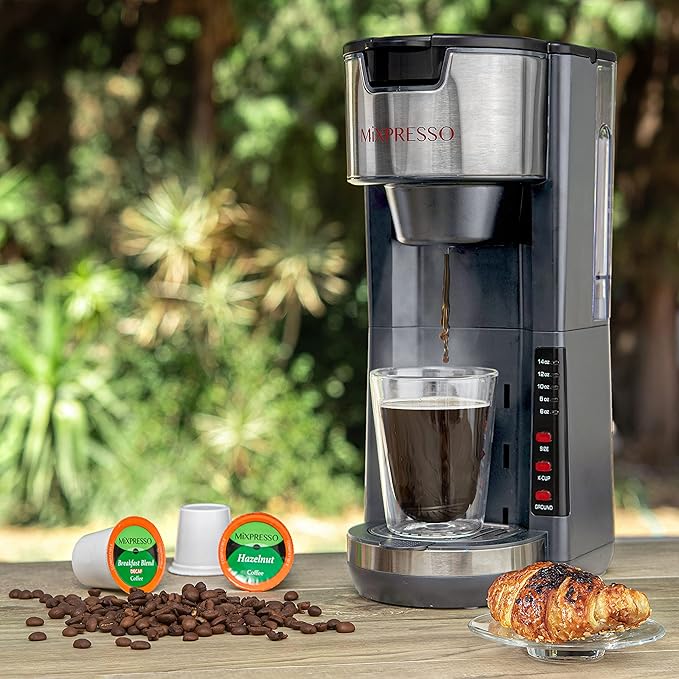 Mixpresso Gray Single Serve Coffee Brewer K-Cup Pods Compatible &amp Ground 30 oz Compact Coffee Maker Single Serve With 5 Brew Sizes Up To 14 Oz Fits Travel Mug Adjustable Drip Tray