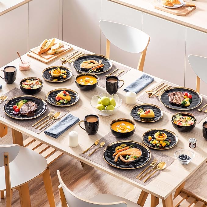 LOVECASA 16 Pieces Plates and Bowls Sets Porcelain Black and Gold Dinnerware Sets Round Dinner Plates Dishes Set Service for 4 Dishwasher Safe and Scratch Resistant Black