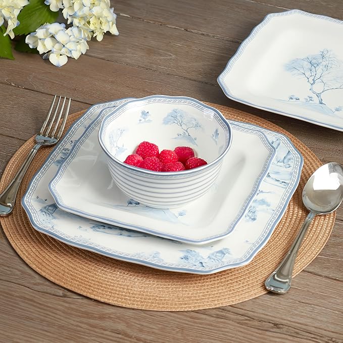222 Fifth 12-Piece Porcelain Dinnerware Set for 4 Glossy White Plates and Bowls Set with Blue Decal Elegant Square Ceramic Dish Set Kitchen Tableware Microwave &amp Dishwasher Safe Scenic Toile