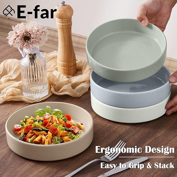 E-far Stoneware Dinnerware Sets with Pasta Bowls Set of 4 Bundle 12PCS Plates and Bowls Dish 35oz Ceramic Large Salad Bowl Plates for Serving Soup Dinner Microwave Safe Speckled Multicolor