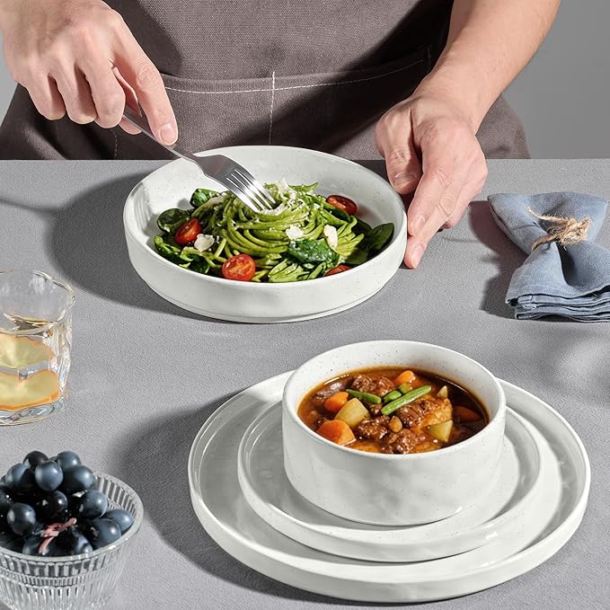 E-far 8-Piece Plates and Bowls Sets with Pasta Bowls - Stoneware Dinnerware Set for 2 Modern Ribbed Speckled White Dishes Microwave &amp Dishwasher Safe