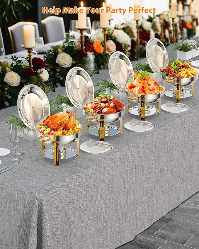 Commercial 5QT Round Chafing Dish Buffet Set – 2-Pack Stainless Steel Food Warmers with Glass Lid Holder Spoon &amp Tweezer – Gold Perfect for Catering Banquets Weddings – 2-piece Set