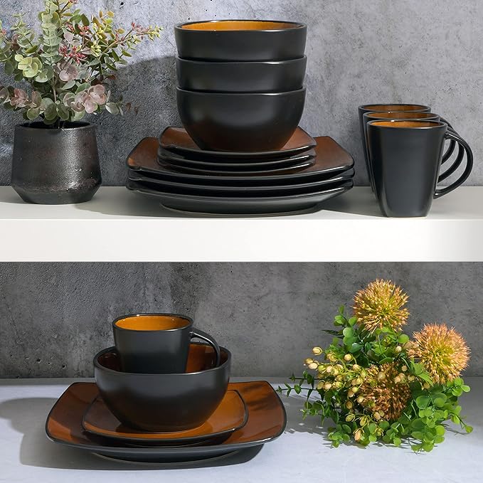 Gibson Elite Soho Lounge Square Reactive Glaze Stoneware Dinnerware Set Service for 4 (16pc) Amber