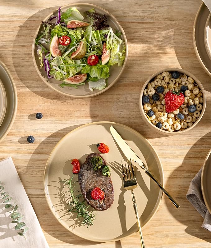 TheTerra Ceramic Dinnerware Sets for 4 12 Pieces Handmade Reactive Glaze Plates and Bowls Set Scratch Resistant Dish Set Oven &amp Microwave &amp Dishwasher Safe Ivory Cream