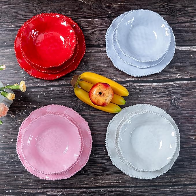12 pcs Christmas Holiday Melamine Dinnerware Set Ruffled Rim With Beaded Plates and Bowls Set of 4 Lightweight yet Durable Dishes tableware Set Ideal for parties camping and RV trips