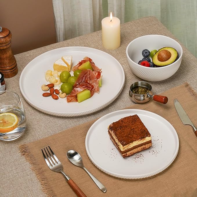 Earthsong Dinnerware Sets for 4 12-Piece Ceramic Plates and Bowls Set Dishwasher and Microwave Safe Stoneware Dishes Set Ribbed Snowcrest White