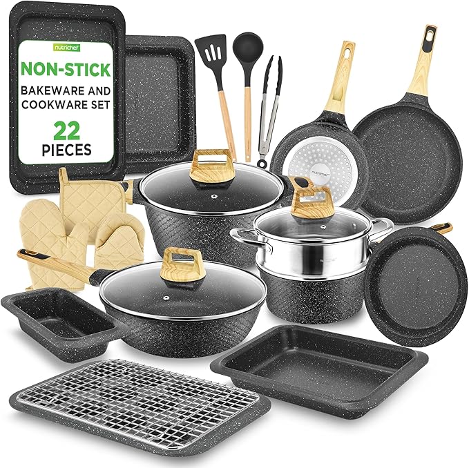 NutriChef 22‑Piece Non‑Stick Ceramic Pots and Pans Set – For All Cooktops Including Induction – PTFE &amp PFAS Free Includes Bakeware &amp Utensils