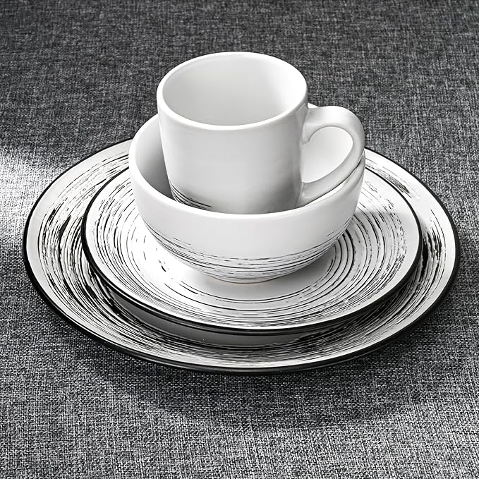 Homlouue 16 Pcs Stoneware Dinnerware Sets for 4 Porcelain Farmhouse Plates Bowls Mugs Set - Minimalist Chip Resistant Dish Set Microwave &amp Dishwasher Safe in White and Black Thread