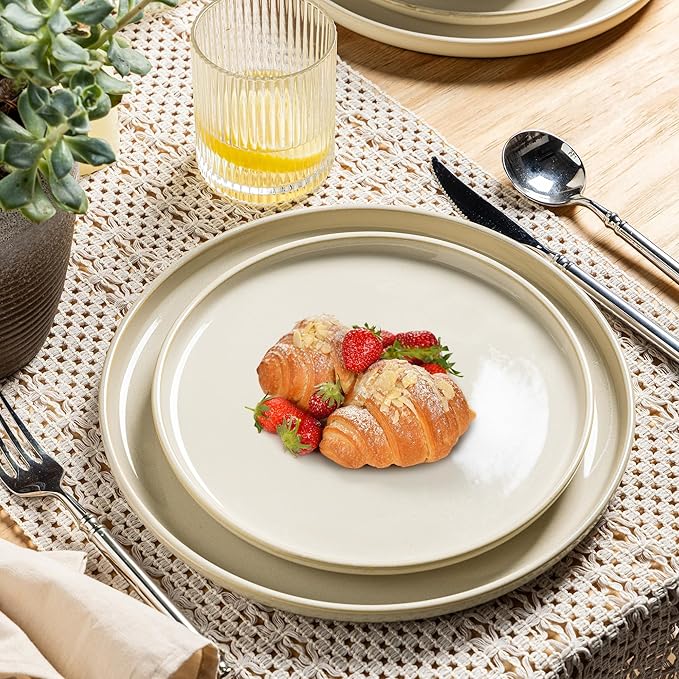 GBHOME Dinnerware Sets for 4 12 Pieces Stoneware Plates and Bowls Sets Scratch Resistant Dishes Dishwasher &amp Microwave Safe Reactive Glaze-Vanilla color