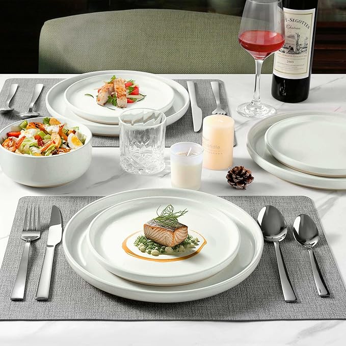 LIANYU Dinnerware Sets 12 Piece Plates and Bowls Set for 4 Ceramic Dishware Dishes Set Scratch Resistant Kitchen and Dining Stoneware Plates Microwave &amp Dishwasher Safe Snowy White