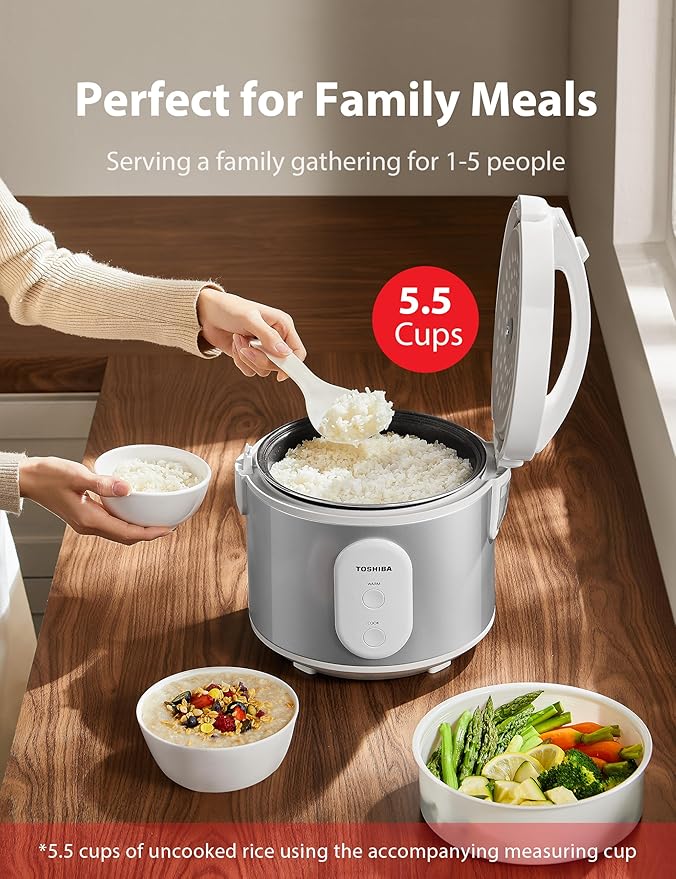 TOSHIBA Rice Cooker &amp Steamer Simple 5.5 Cup(Uncooked) with Steaming Basket Removable Non-Stick Inner Pot &amp Inner Lid for Soups Stews Grains&ampOatmeal One Touch&ampKeep Warm Function
