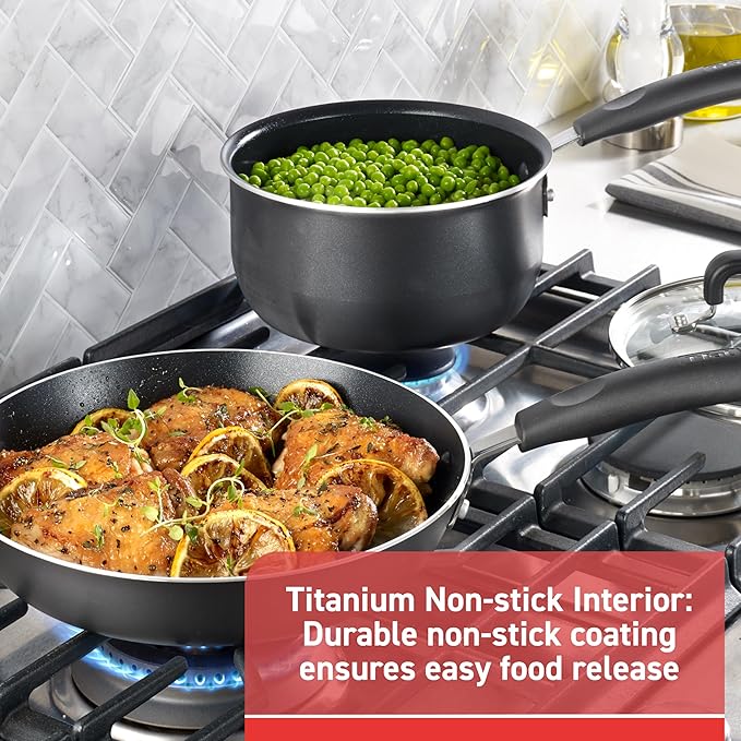 T-Fal Signature Nonstick Pots and Pans Set 12 Piece Oven Broiler Safe 350F Kitchen Cookware Set w/Fry Pans Saucepans Saute Pan Dutch Oven Griddle Kitchen Home Dishwasher Safe Black