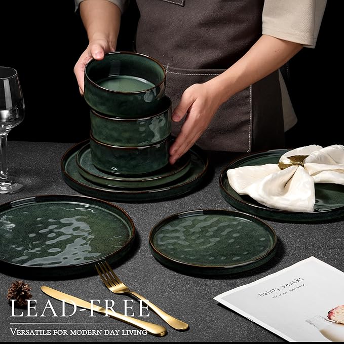 Vesteel Dinnerware Sets 12-Piece Stoneware Plates and Bowls Set Dishes Set for 4 Elegant Ceramic Dinnerware for Home Restaurant - Sage Green