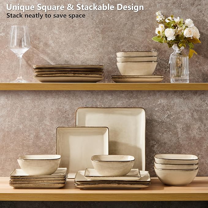 E-far Square Plates and Bowls Sets 12-Piece Stoneware Dinnerware Sets for 4 Reactive Glaze Dish Set Chip and Scratch Resistant Microwave and Dishwasher Safe Sandy Beige