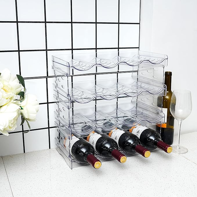 IEEK Plastic Stackable Bottle Storage Holder Rack Holds 16 BottlesFree-Standing Water Bottle/Wine and Drink Organizer Shelf for Kitchen CabinetFridgeCountertopPantryFreezer4 PackX4 BottlesClear