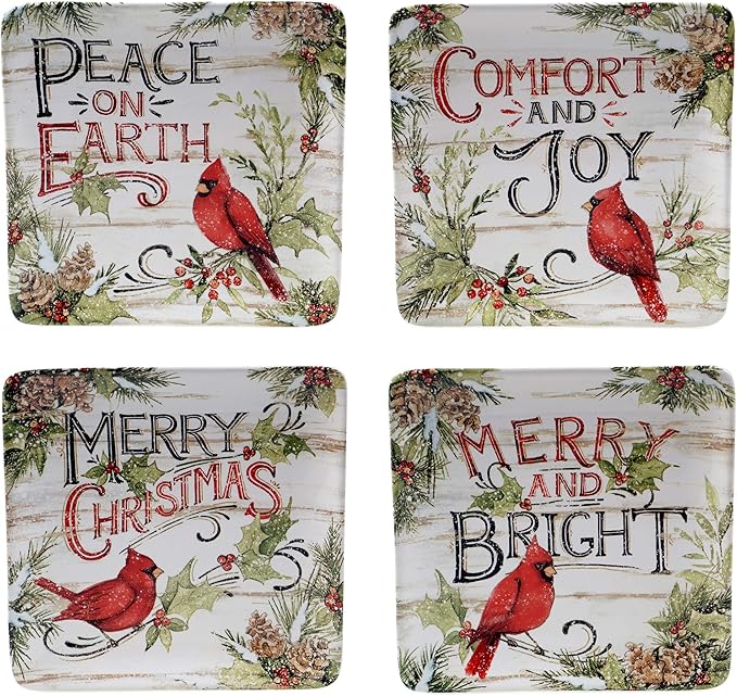 Evergreen Christmas 16-Piece Dinnerware Set – Ceramic Holiday Plates Bowls &amp Mugs with Cardinal &amp Script Design – Service for 4 – Festive Dining for Christmas Gatherings
