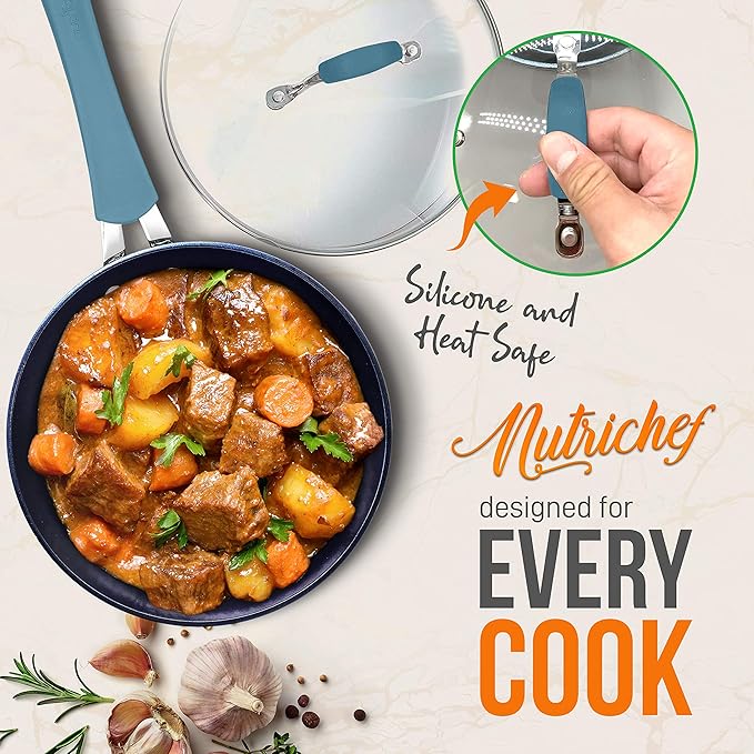 NutriChef NCCW11BL Nonstick Cookware Excilon |Home Kitchen Ware Pots &amp Pan Set with Saucepan Frying Pans Cooking Pots Lids Utensil PTFE/PFOA/PFOS free 11 Pcs Blue
