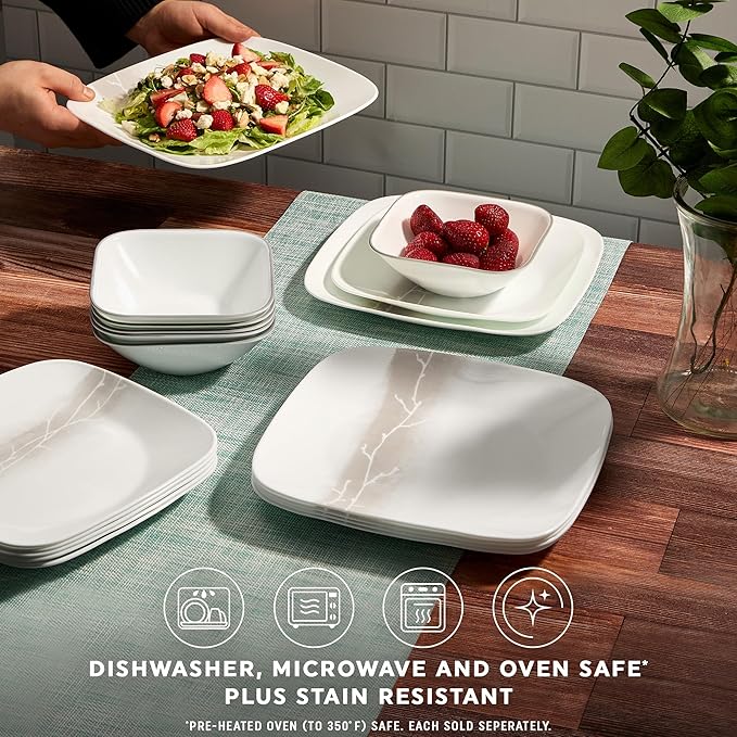 Corelle Vitrelle 18 Piece Glass Dinnerware Sets Rectangular Square Plate and Bowl Set Service for 6 Triple Layer Chip &amp Crack Resistant Glass Plate and Bowl Sets Wandering Grove