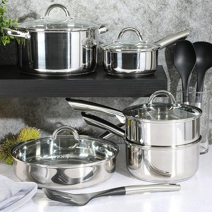 Oster Sangerfield 12-Piece Stainless Steel Cookware Set With Kitchen Tools Non-Stick Pots and Pans Durable Oven Safe Cookware for Home Cooking