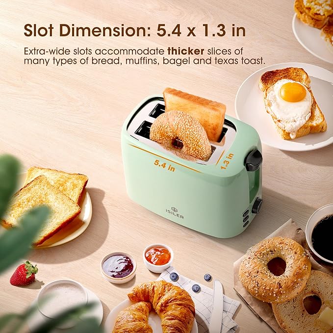 iSiLER 2 Slice Toaster 1.3 Inches Wide Slot Bagel Toaster with 7 Shade Settings and Double Side Baking Removable Crumb Tray Defrost Cancel Function Green