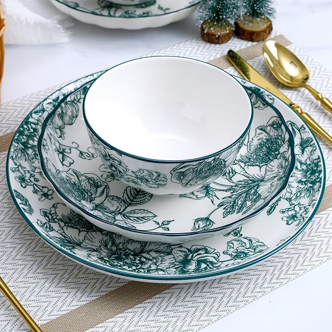 12-Piece Floral Porcelain Dinnerware Set Service for 4 Green Pattern Plates and Bowls Microwave and Dishwasher Safe