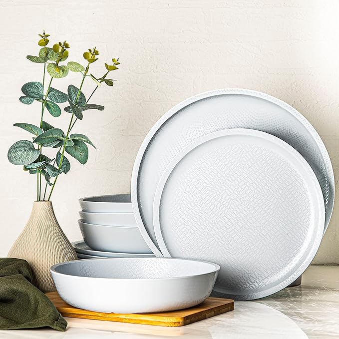 bzyoo 12 Piece Melamine Dinnerware Set - Durable Dishwasher Safe White Plates and Bowls - for Casual Dining Parties Dish Set White Mono Collection