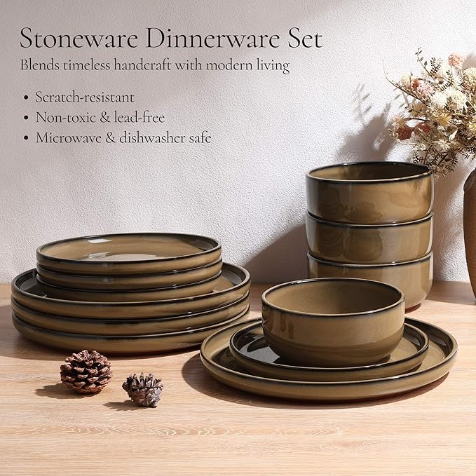 E-far Stoneware Dinnerware Sets for 8 24 Pieces Reactive Glaze Plates and Bowls Sets Elegant Dishes with Rustic Terracotta Clay Base Dishwasher &amp Microwave Safe Scratch Resistant Desert Camel